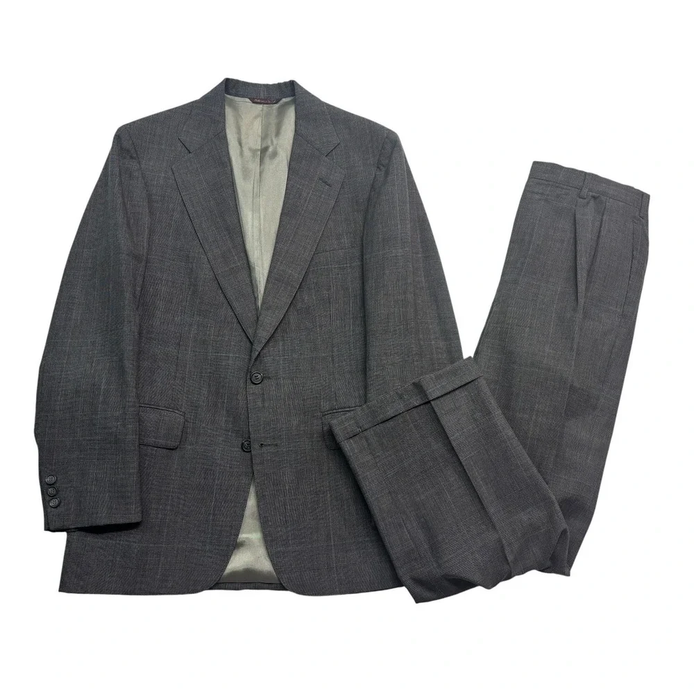 vtg 90s Joseph Feiss 38S 32x29 Gray Plaid 2pc Pant Suit Pleated Wide Leg USA